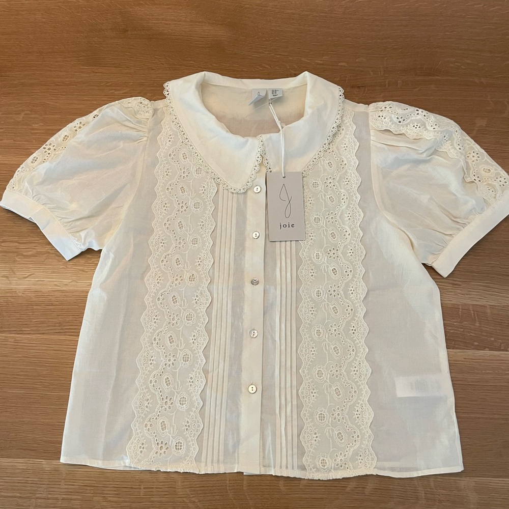 Joie White Cotton Eyelet Lace Peter Pan Collar Blouse